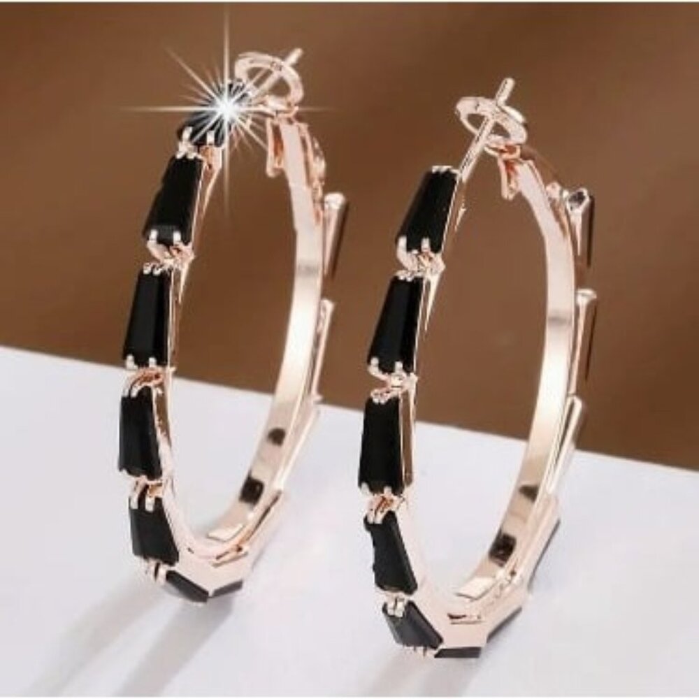 18k Rose Gold Plated Black Simulated Diamond Hoop Earrings